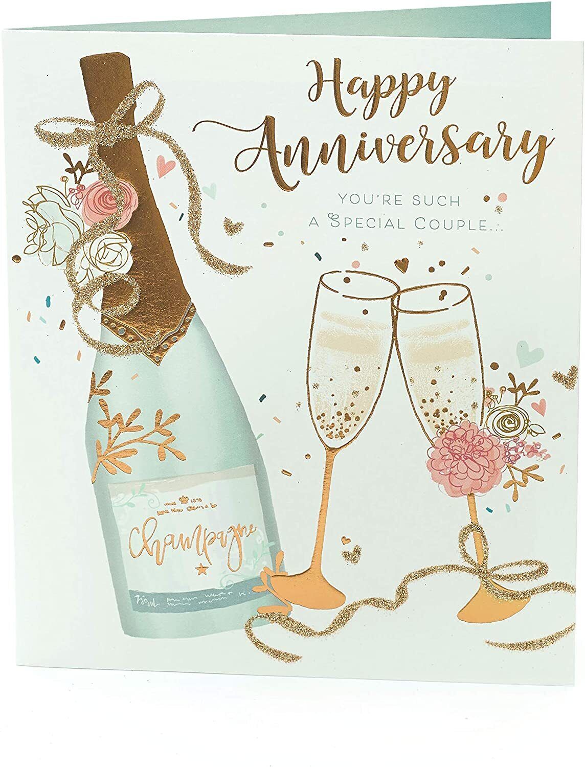Champagne gold foil anniversary card with elegant design for couples, featuring romantic motifs for special wedding anniversary celebrations.
