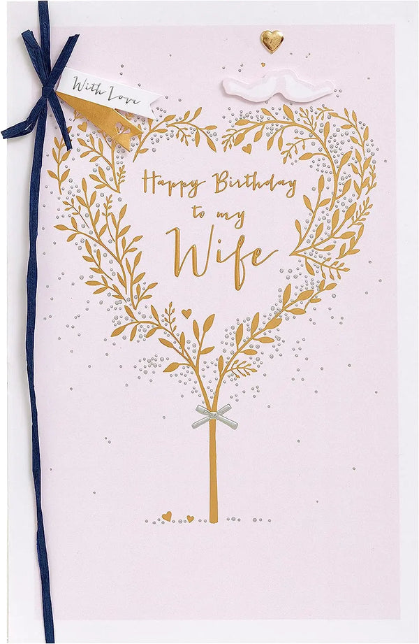 Heart Tree Wife birthday card from UK Greetings featuring a heartfelt design with a tree and love-themed imagery.