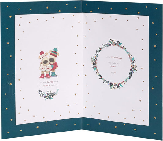 Christmas greeting card featuring Boofle gold foil design for mum and dad, with festive holiday message, by UK Greetings.