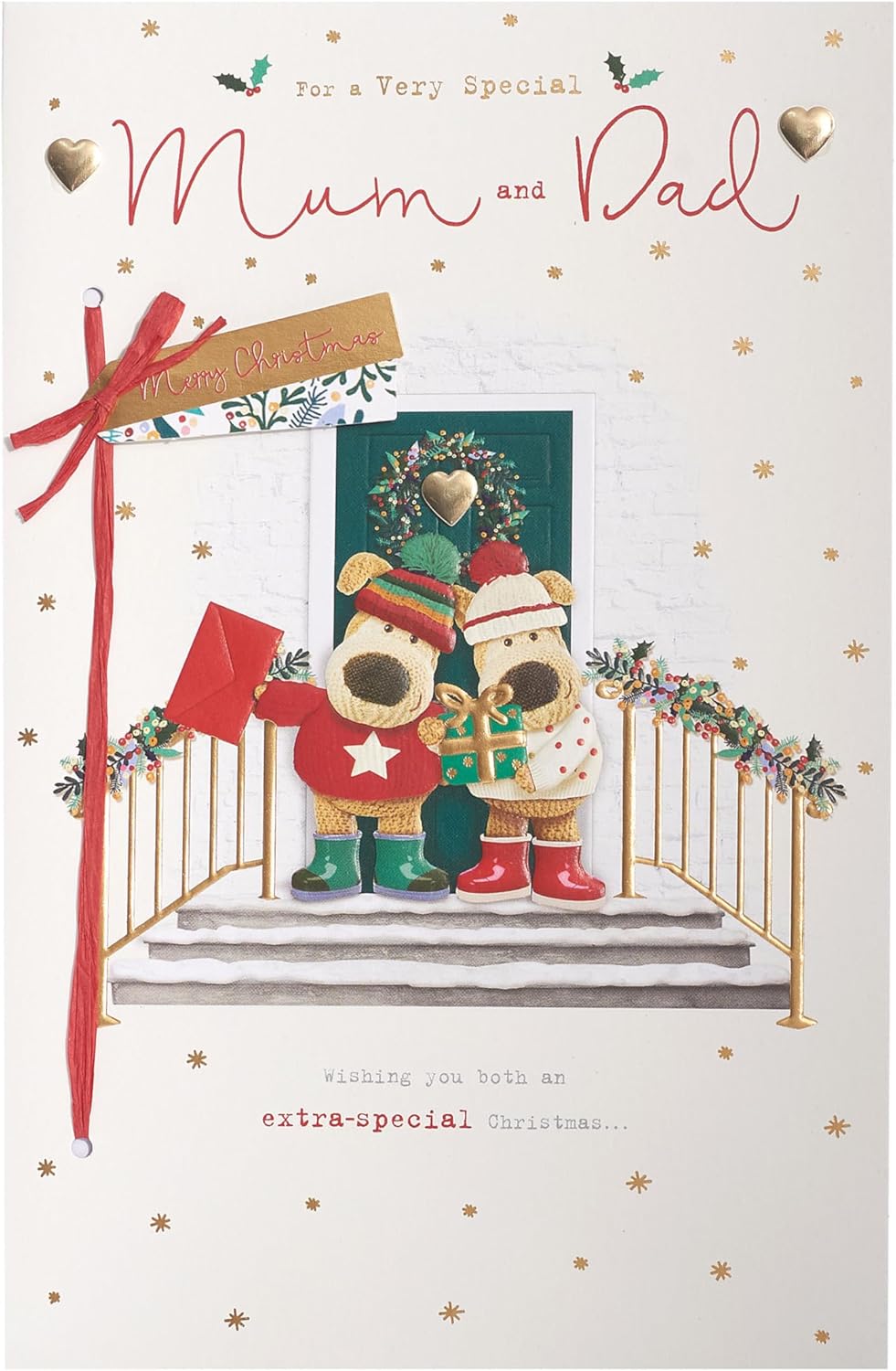 Christmas greeting card featuring Boofle gold foil design for mum and dad, UK Greetings festive holiday card with cheerful imagery.