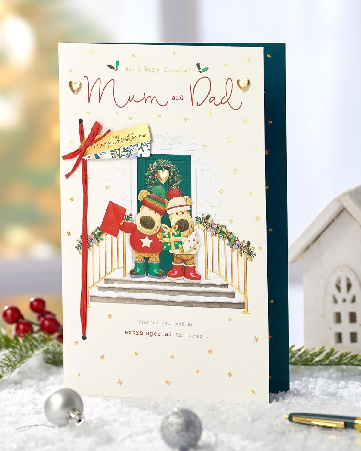 Extra-Special Mum and Dad Christmas Card with Boofle gold foil design, festive greeting card for the holiday season.