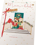 Christmas greeting card featuring Boofle gold foil design for mum and dad, with festive holiday imagery from UK Greetings.