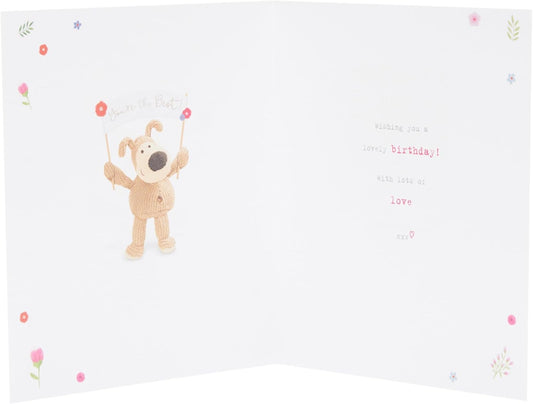 Cute Boofle birthday card for sister with colorful, cheerful design by UK Greetings, featuring adorable cartoon dog illustration.