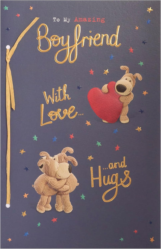 Boofle Boyfriend birthday card from UK Greetings, featuring cute cartoon dog illustration with festive design and cheerful message.