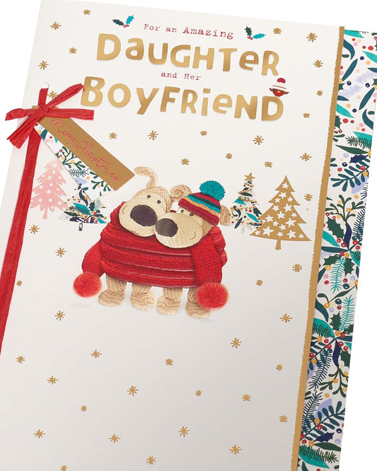 Boofle Christmas greeting card featuring adorable cuddly design with daughter and her boyfriend, embellished for festive cheer.