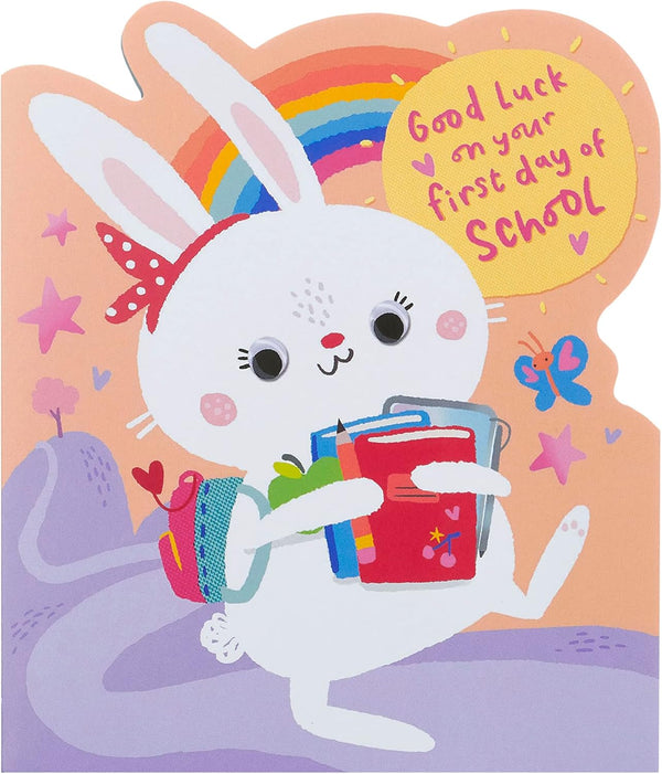 Cute bunny first day school card by UK Greetings, featuring adorable bunny illustration and cheerful design for school celebrations.