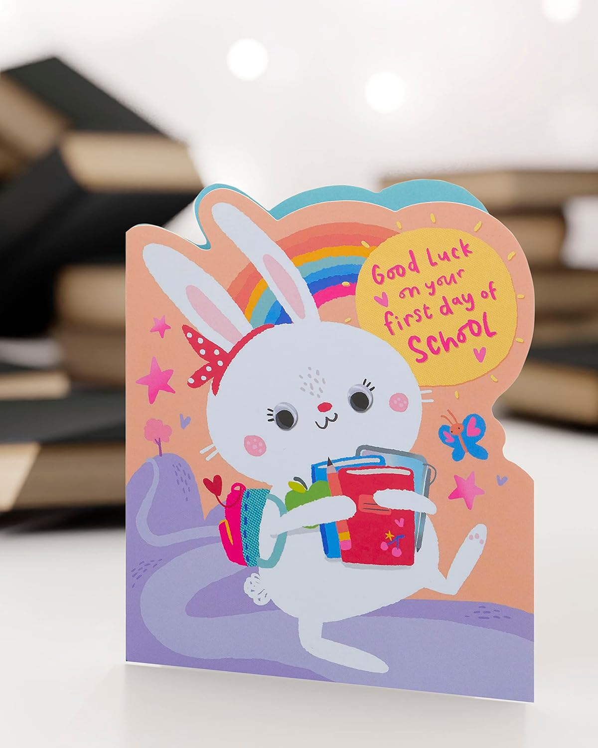 Cute Bunny First Day School Card from UK Greetings featuring an adorable bunny illustration for new students.