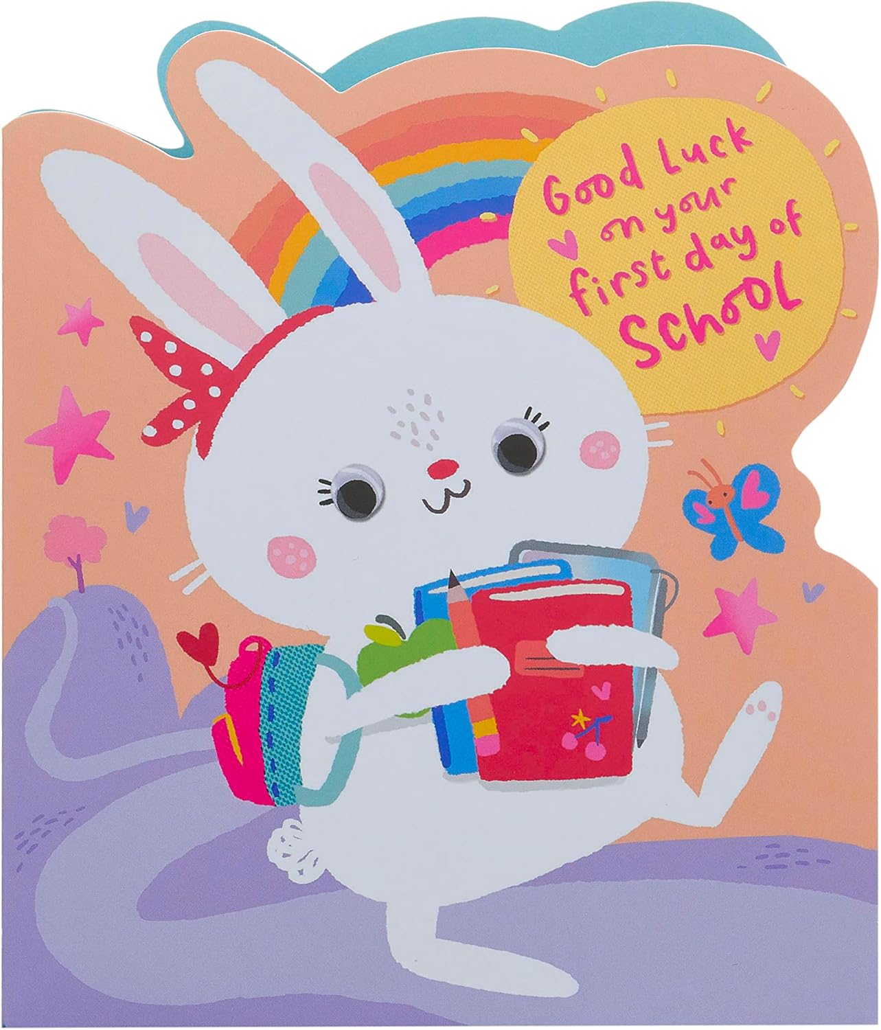 Cute bunny first day school card from UK Greetings featuring a playful bunny design and cheerful message for children.