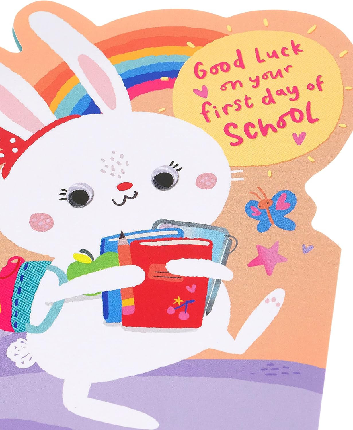 Cute bunny first day school card from UK Greetings featuring a charming bunny illustration and cheerful design.