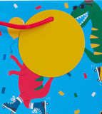 Six large dinosaur design gift bags with colorful dinosaur illustrations, perfect for gifts and parties.