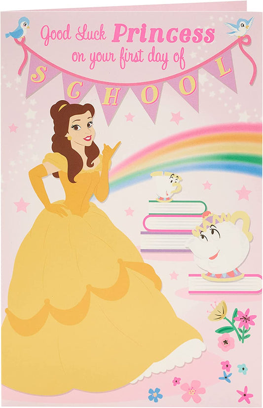 Disney Cinderella First Day of School Good Luck card by UK Greetings, featuring Cinderella and school-themed design.