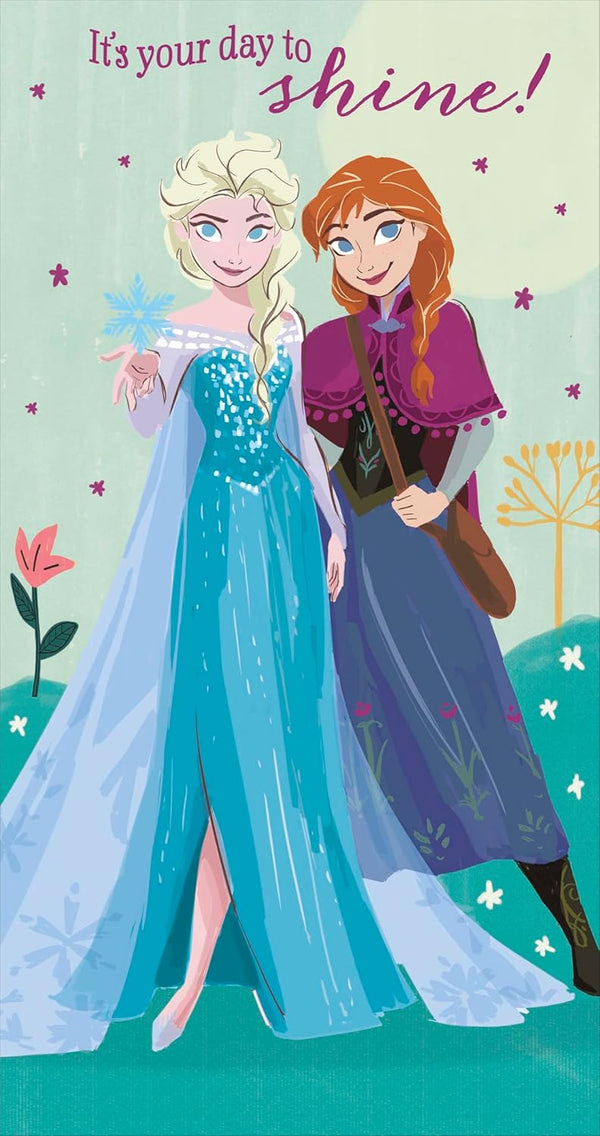 Frozen Elsa and Anna birthday card featuring colorful winter-themed characters from UK Greetings.