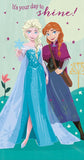 Frozen Elsa and Anna birthday card featuring colorful winter-themed characters from UK Greetings.