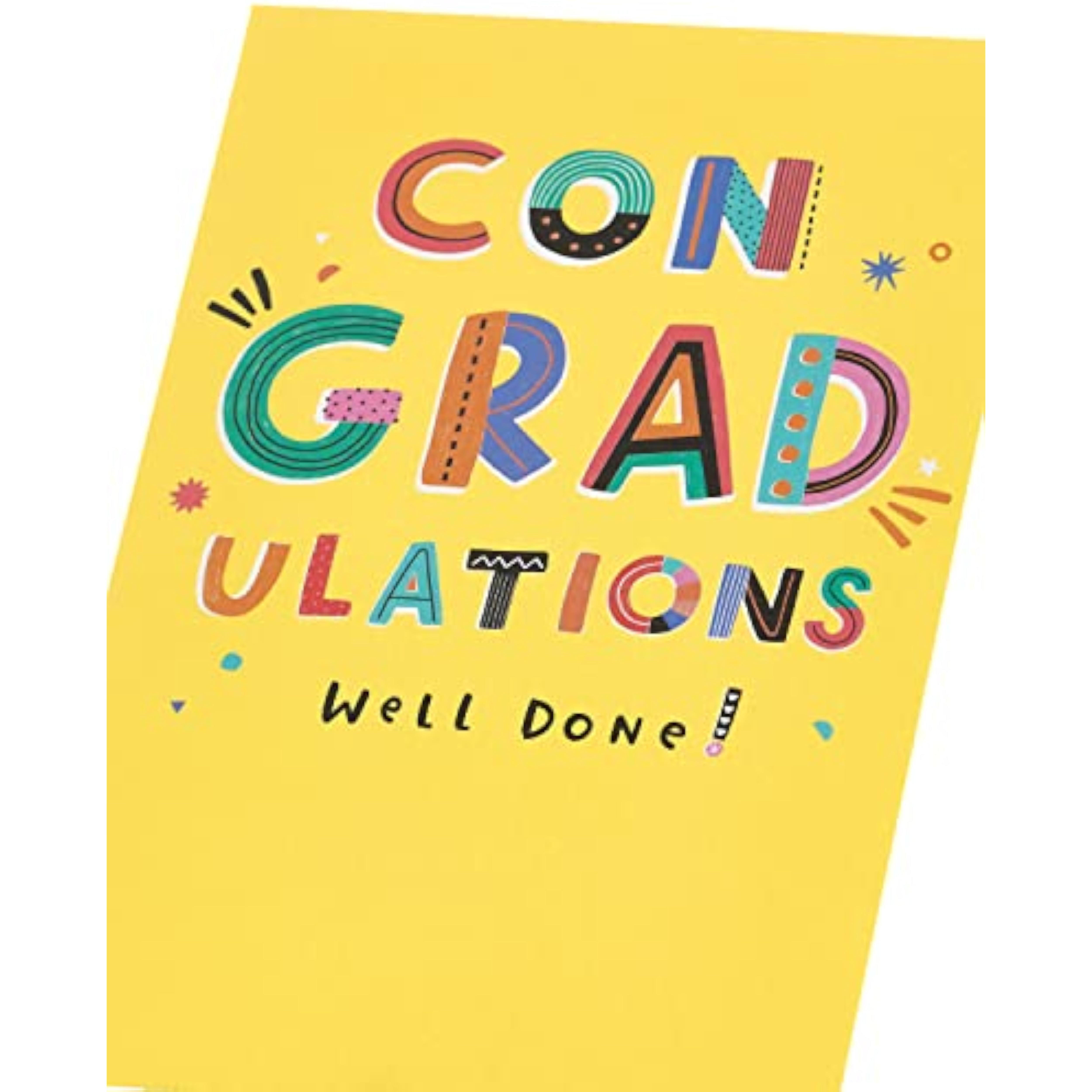 Vibrant yellow graduation card with celebratory design from UK Greetings, featuring cheerful illustrations for graduation celebrations.