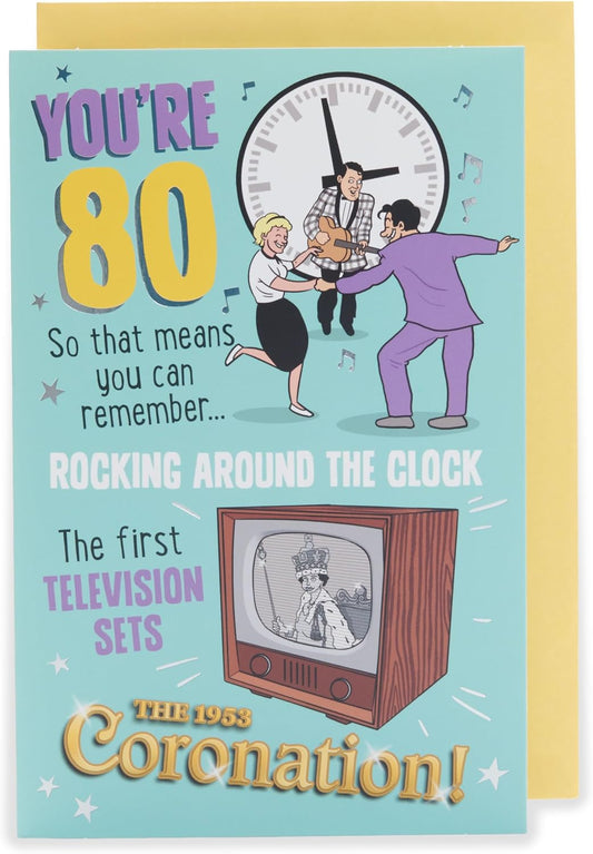 UK Greetings 80th birthday card with colorful celebration design and festive message for milestone birthday.