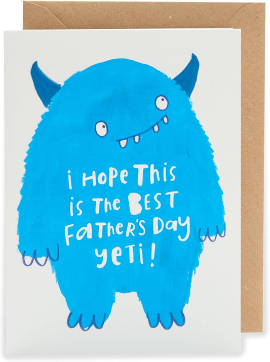 Father's Day card from UK Greetings featuring a "Kindred - Best Father's Day Yeti" design with cheerful, colorful artwork.
