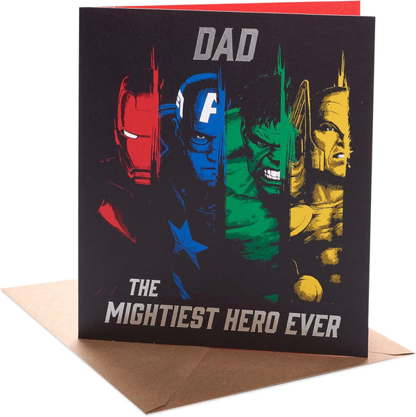 Marvel Avengers Dad birthday card featuring a superhero design with the Mightiest Hero logo, perfect for superhero-themed celebrations.