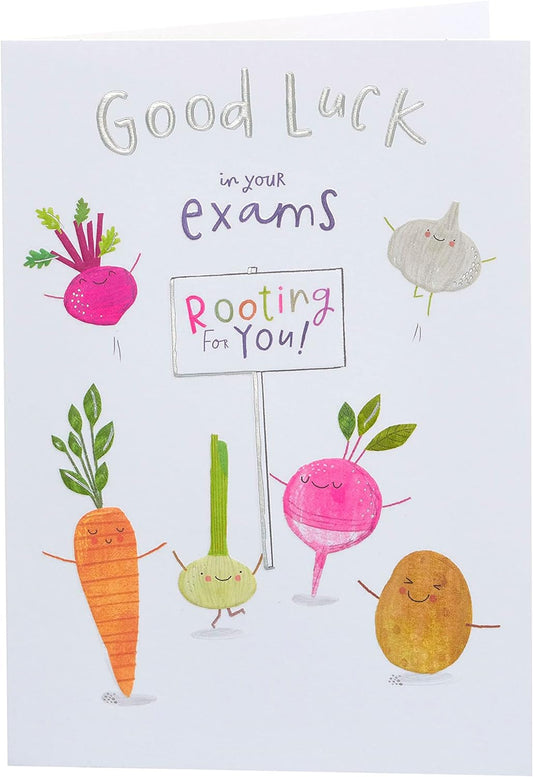 UK Greetings "Rooting For You" good luck exam card with colorful design and encouraging message for students.