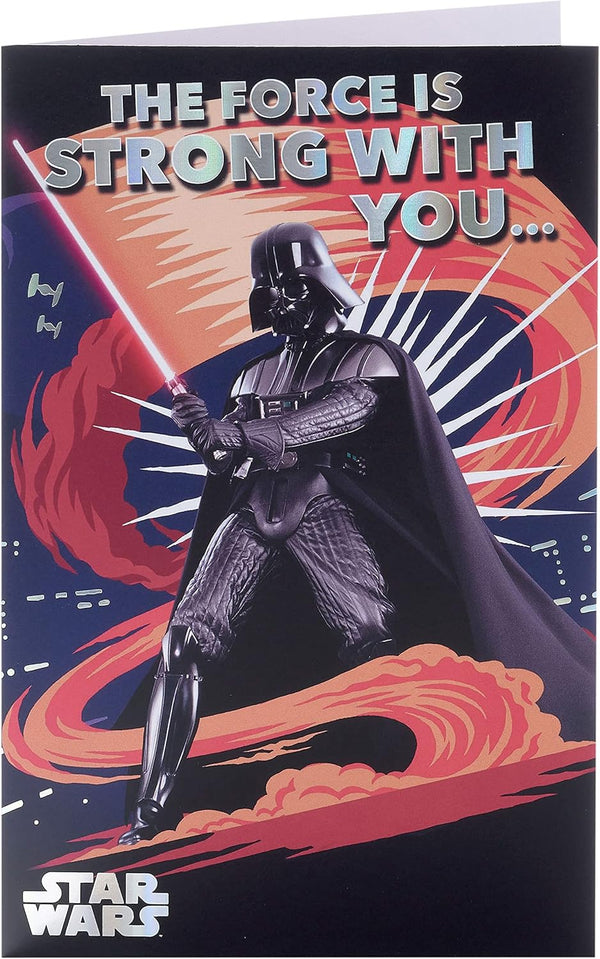 Star Wars Darth Vader birthday card for him or boy, featuring Darth Vader's helmet and space-themed design from UK Greetings.