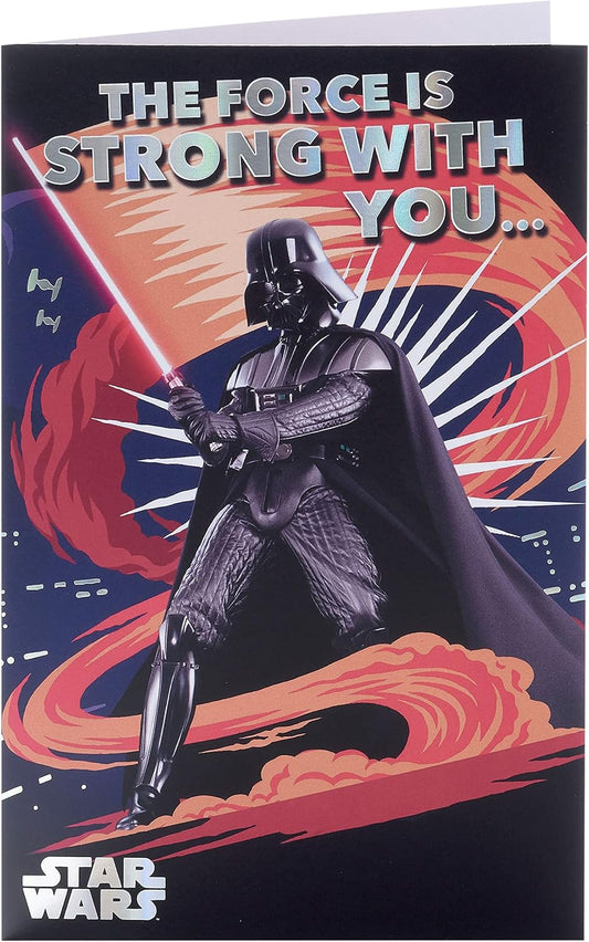 Star Wars Darth Vader birthday card for him or boy, featuring Darth Vader's helmet and space-themed design from UK Greetings.