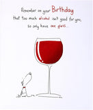 UK Greetings humorous birthday card for her or friend featuring a funny wine design and colorful illustrations.