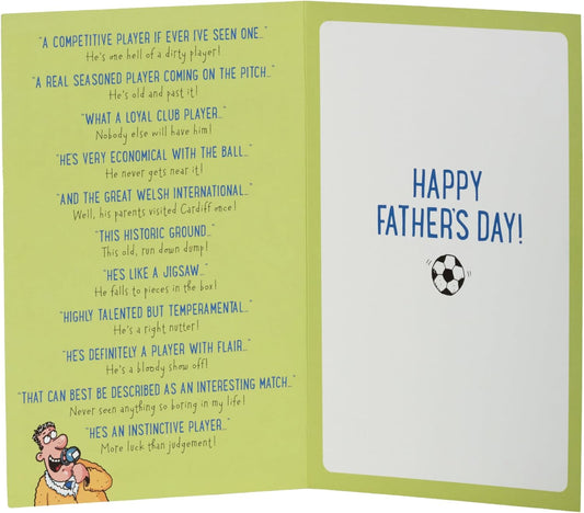 UK Greetings Father's Day card for Dad featuring a humorous football design and festive messaging.