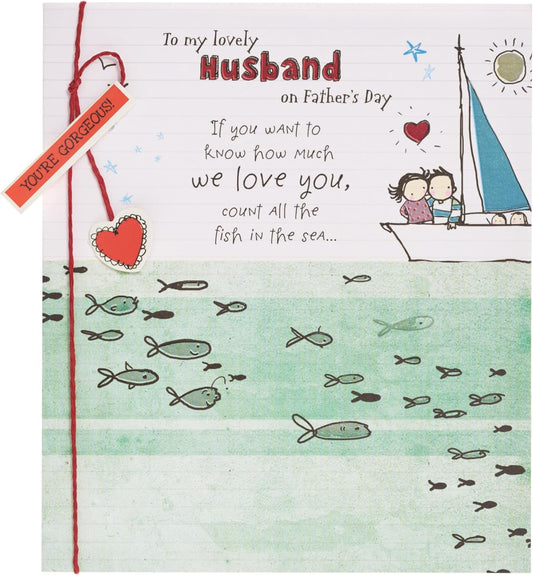 UK Greetings Father's Day card for husband featuring a sweet design, with colorful illustrations and heartfelt message.