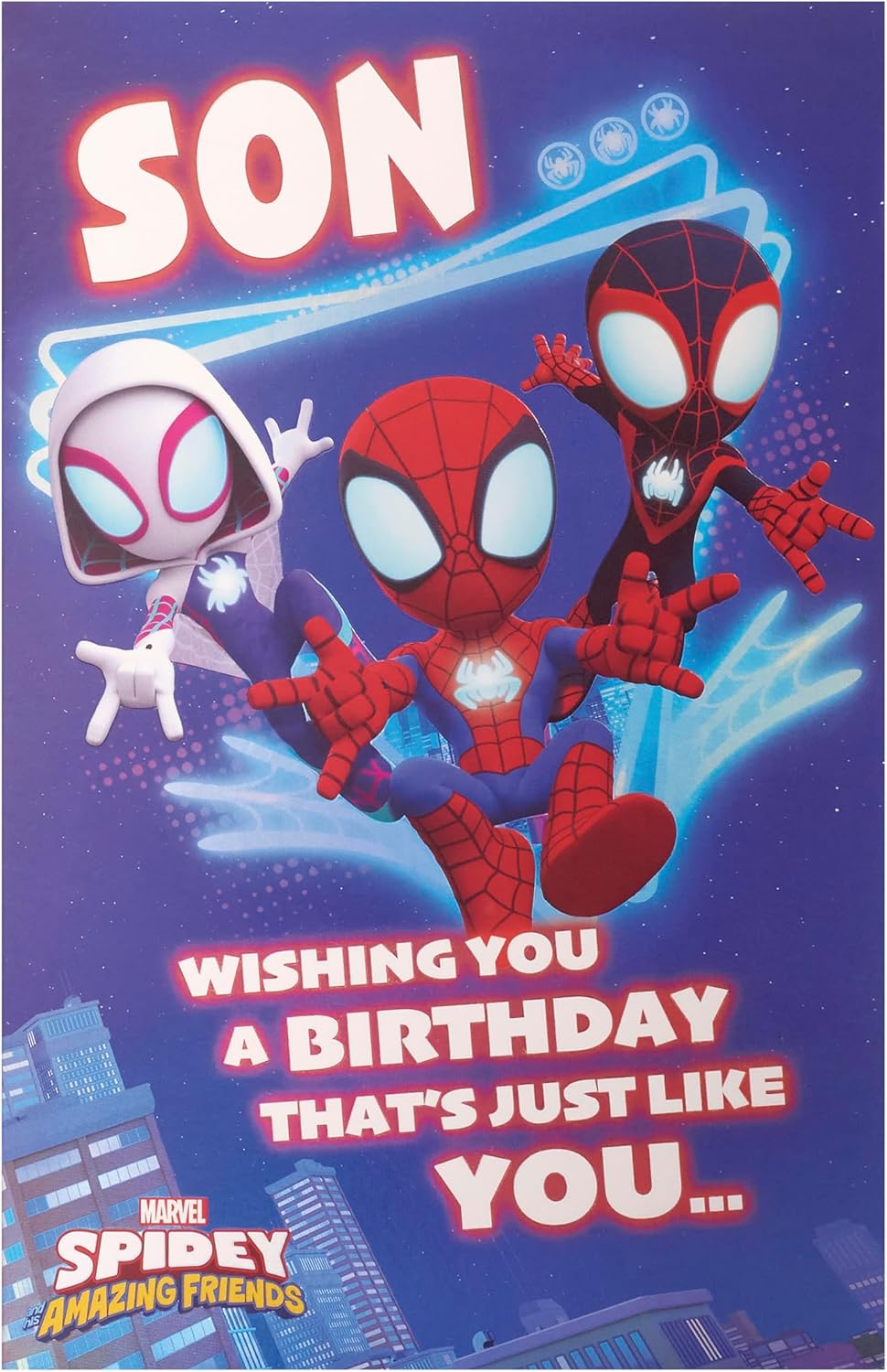 UK Greetings Marvel Spider-Man birthday card for son featuring a cool Spider-Man design and vibrant comic-style artwork.