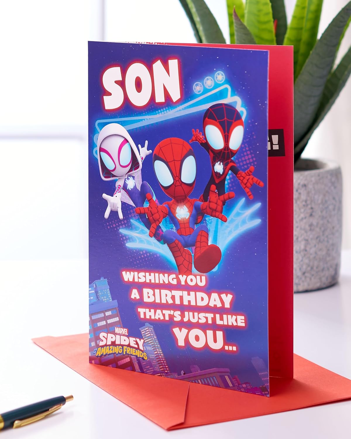 UK Greetings Marvel Spider-Man birthday card for son featuring a cool superhero design with Spider-Man in action.