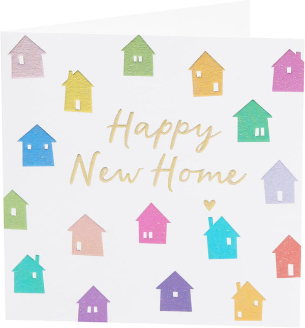 Colorful houses illustrated on a new home wishes card by UK Greetings, featuring vibrant and cheerful house designs.