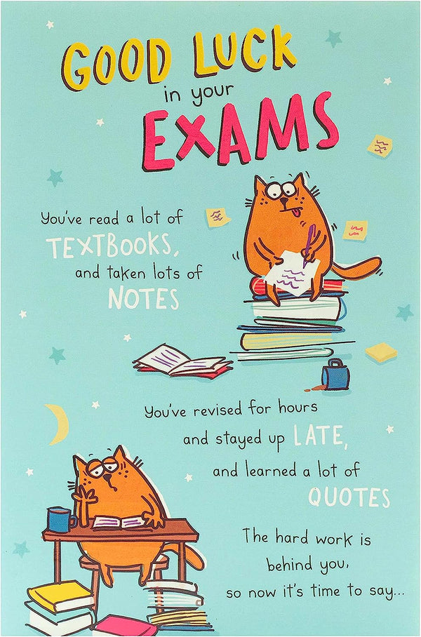 Funny good luck exam card from UK Greetings featuring humorous design, perfect for encouraging students during exams.
