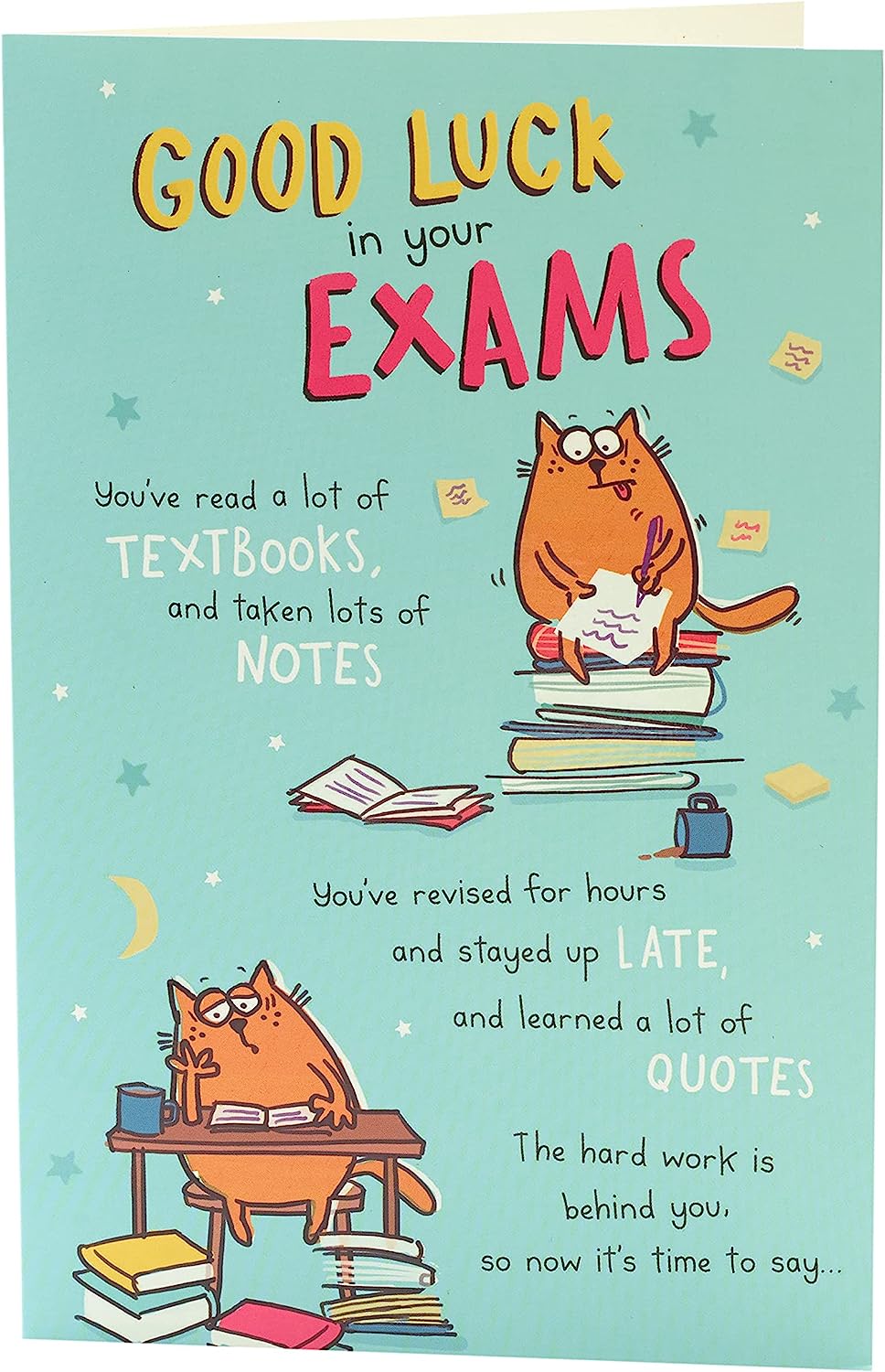 Funny Good Luck in Your Exam card by UK Greetings, featuring humorous design and message to encourage students.