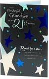 Front of a Grandson 21st birthday greeting card from UK Greetings, featuring colorful birthday-themed design.