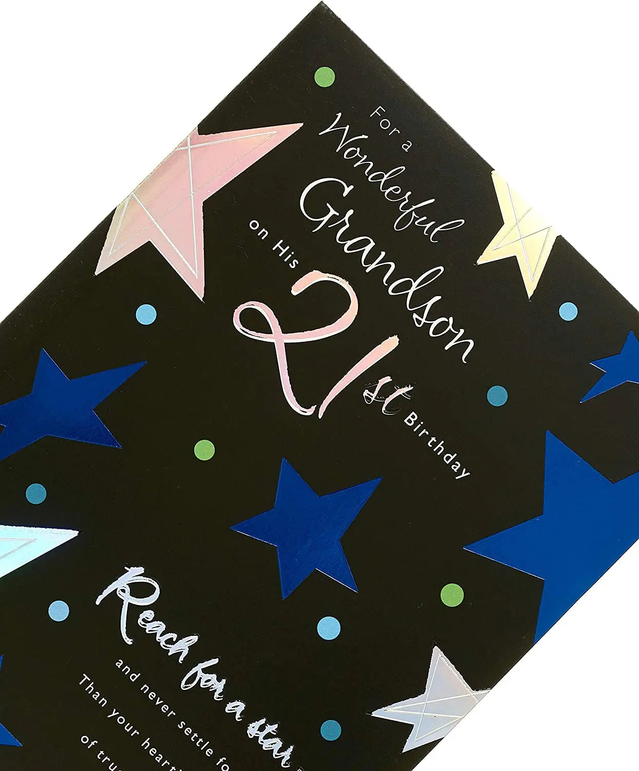 Grandson 21st birthday greeting card from UK Greetings featuring festive design and cheerful message inside.
