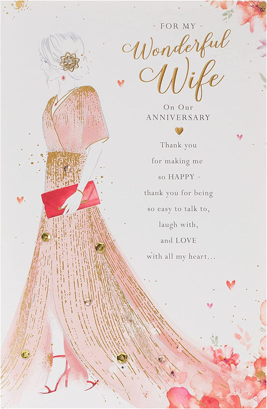 Beautiful wedding anniversary greeting card from UK Greetings, featuring heartfelt design for celebrating a wonderful wife.