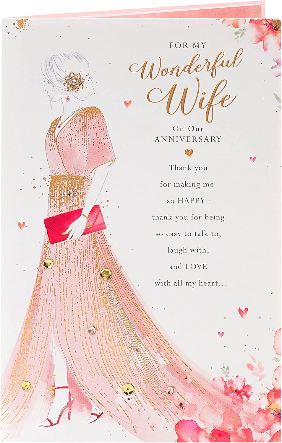 UK Greetings Wonderful Wife wedding anniversary greeting card with floral design and heartfelt message inside.