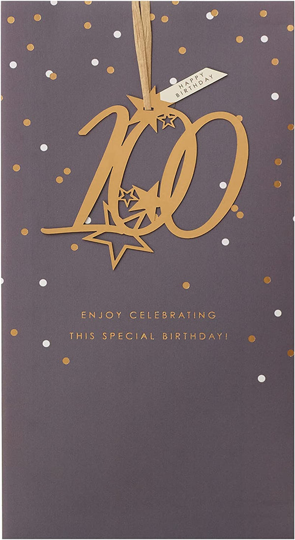 Elegant 100th birthday greeting card with detachable keepsake from UK Greetings, featuring a refined design and celebratory details.