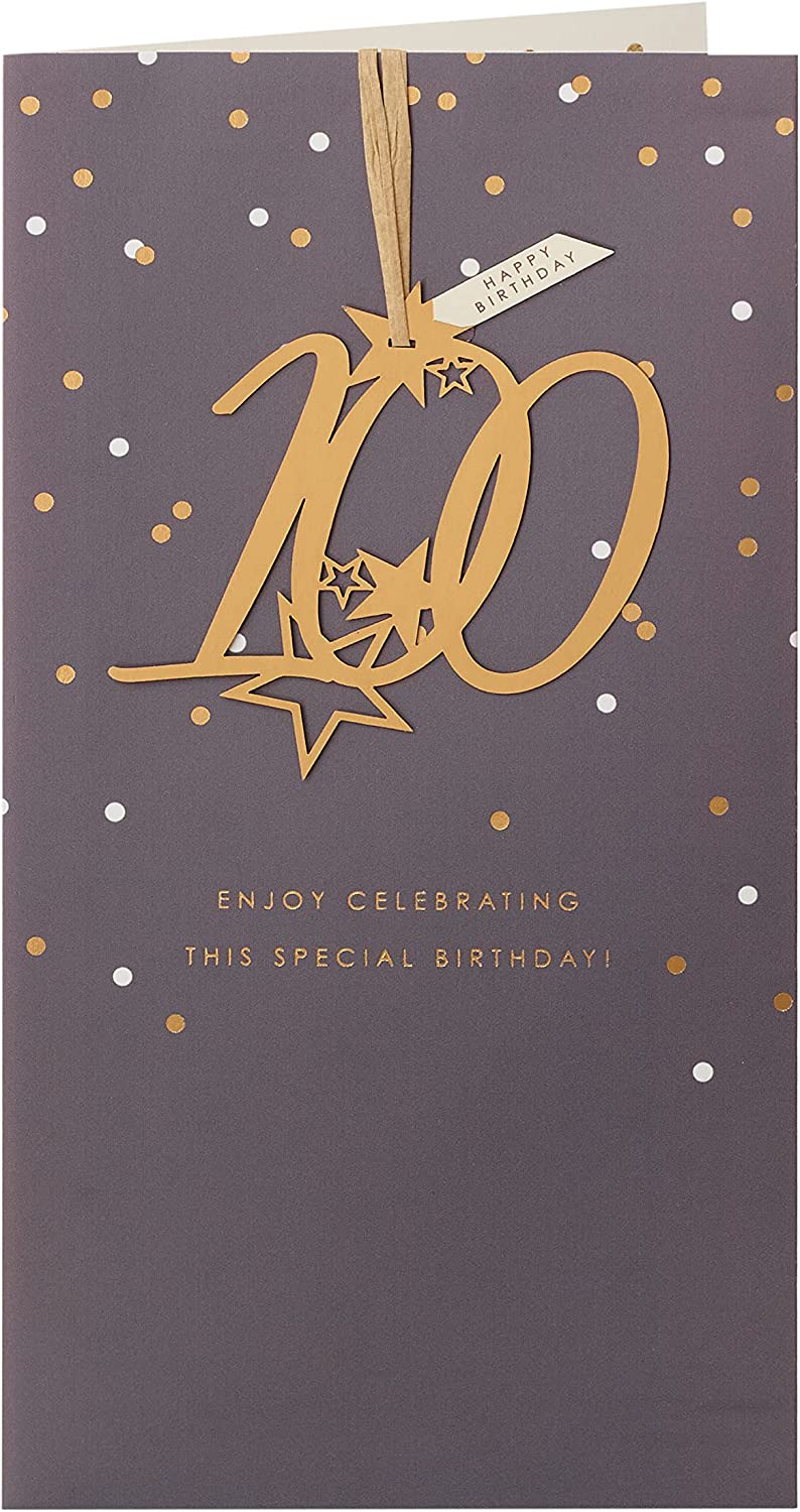 UK Greetings 100th birthday greeting card with elegant design and detachable keepsake, featuring floral illustrations and celebratory elements.