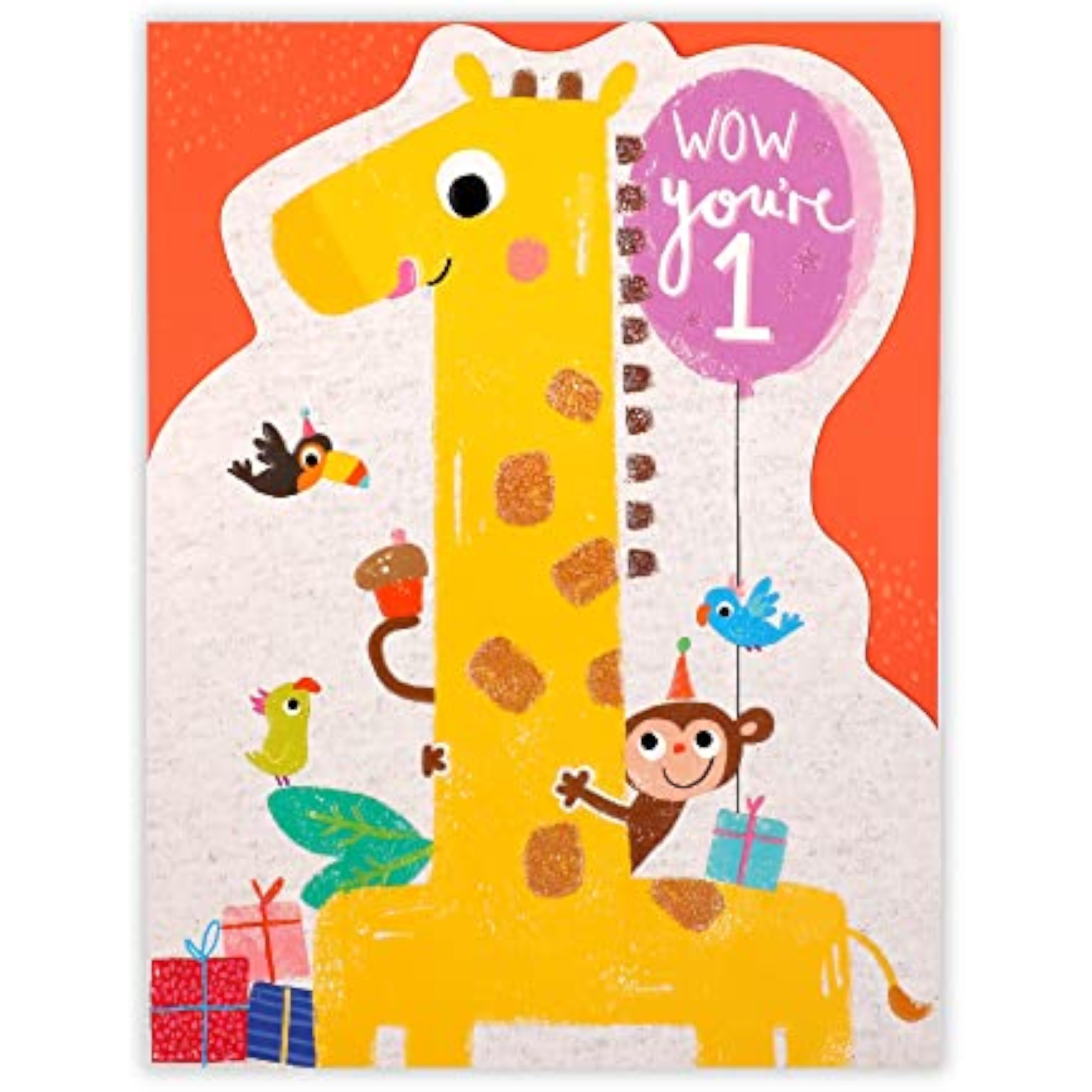 Colorful 1st birthday greeting card from UK Greetings with cheerful design and playful illustrations for celebrating a child's milestone.