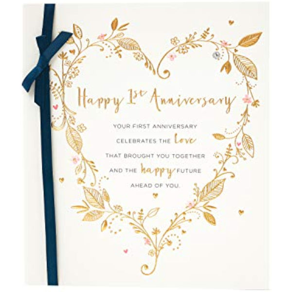 Gold foil teal 1st wedding anniversary greeting card by UK Greetings featuring elegant design and celebratory message.