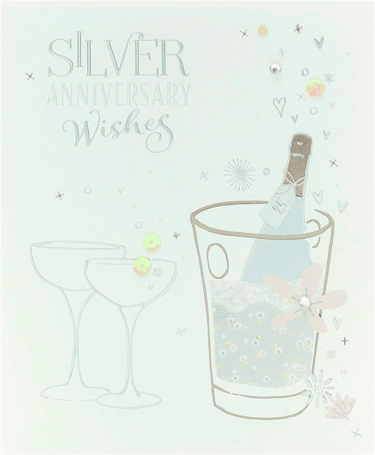 Silver anniversary greeting card with gems and sequins sparkle, celebrating 25th milestone, by UK Greetings.