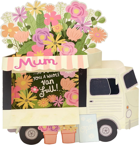 Colorful 3D flower van birthday greeting card by UK Greetings showing vibrant floral design on the front.