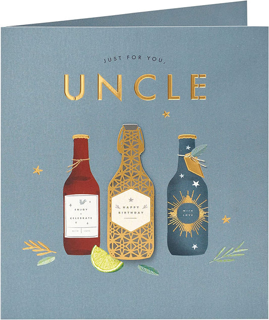 3D gold beer Uncle birthday greeting card with festive design, featuring a humorous illustration for celebrating special occasions.