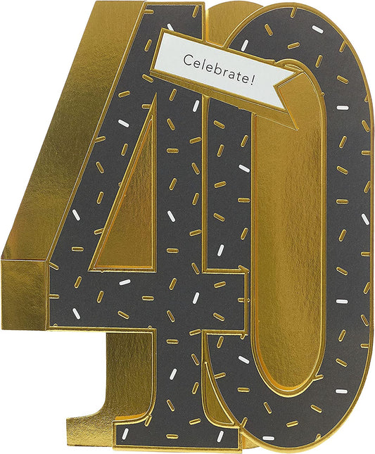 3D gold foil 40th birthday greeting card from UK Greetings with pop-up design and festive embellishments.