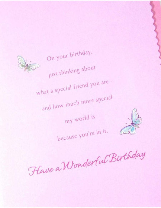 3D handmade butterfly birthday greeting card featuring colorful butterflies and floral accents for a friend.