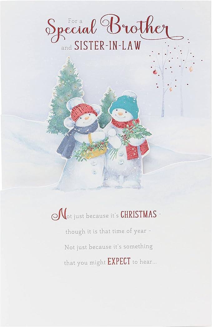 3D illustrated snowmen Christmas greeting card for brother and sister-in-law by UK Greetings, featuring festive winter design.