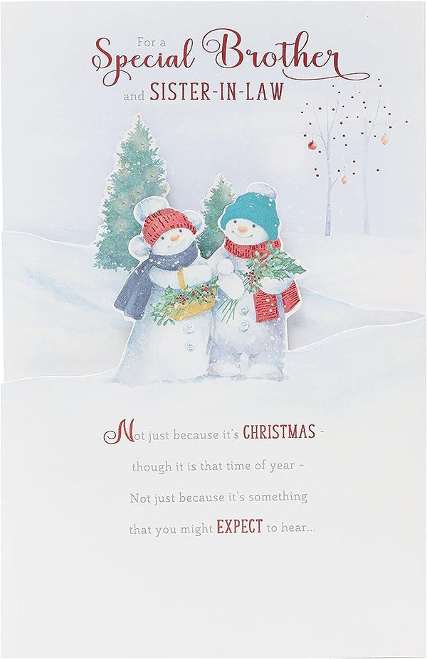 3D illustrated snowmen Christmas greeting card for brother and sister-in-law by UK Greetings, featuring festive winter design.
