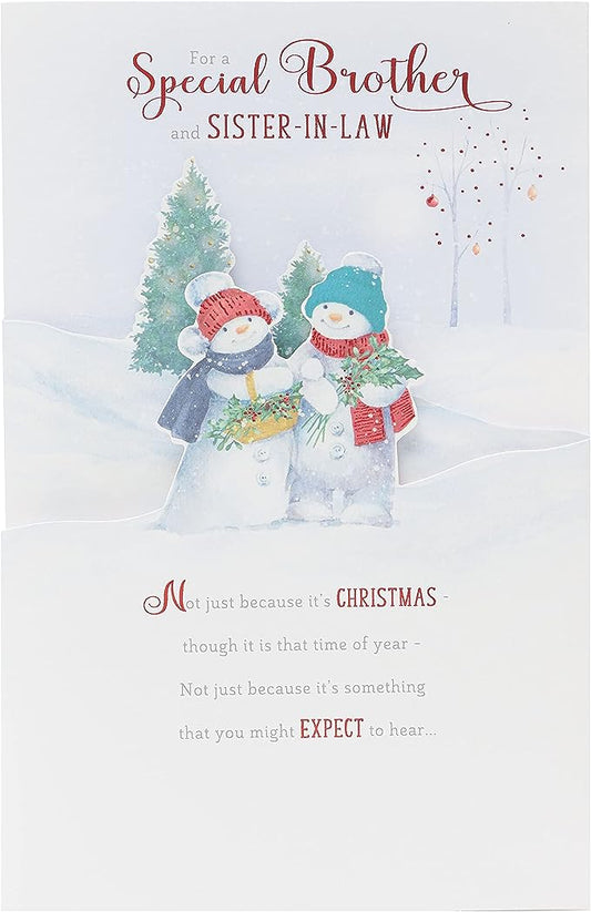3D illustrated snowmen Christmas greeting card for brother and sister-in-law by UK Greetings, featuring festive winter design.