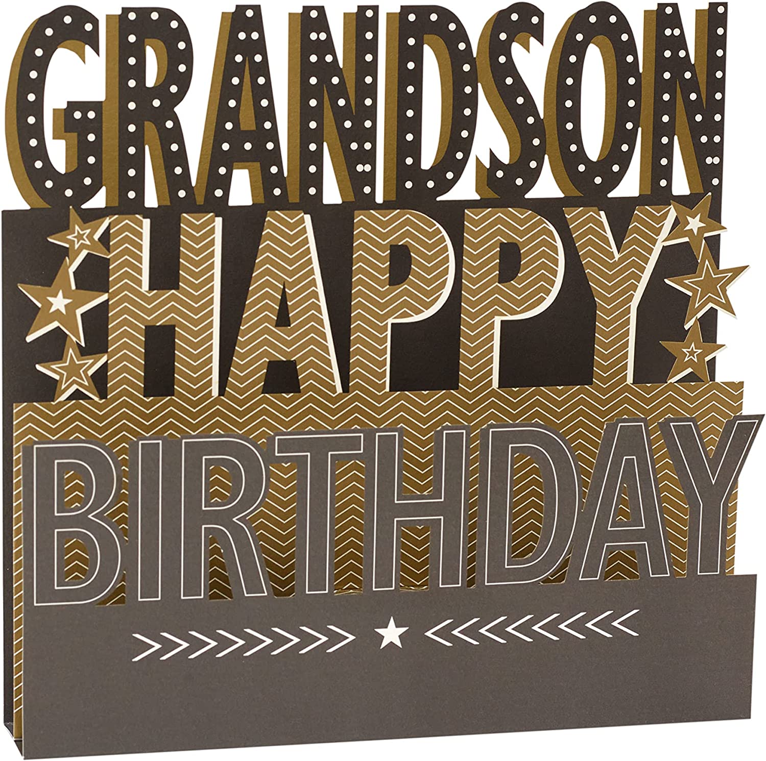 3D pop-up grandson birthday greeting card from UK Greetings with colorful birthday cake and balloons design.