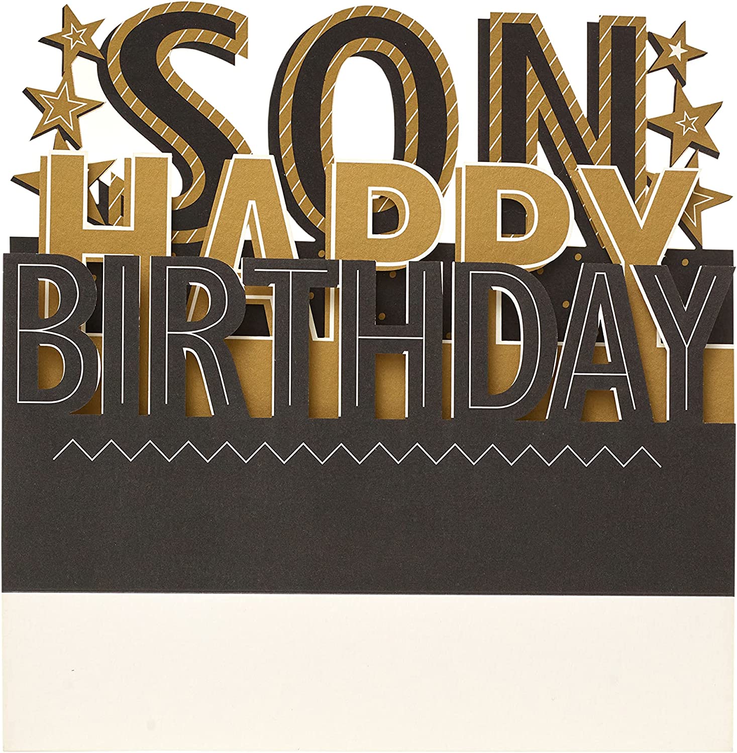 3D pop-up Son birthday greeting card by UK Greetings featuring colorful, intricate paper design and festive birthday imagery.